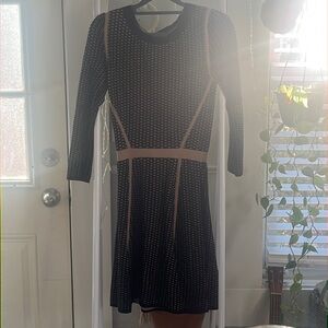 Club Monaco black and tan pattern flare long sleeve knit sweater skater dress XS